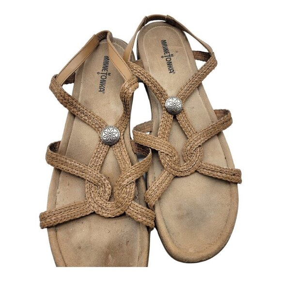 Minnetonka Brown Leather Braided Sandals Metal Decor Womens Size 12 - Picture 3 of 7